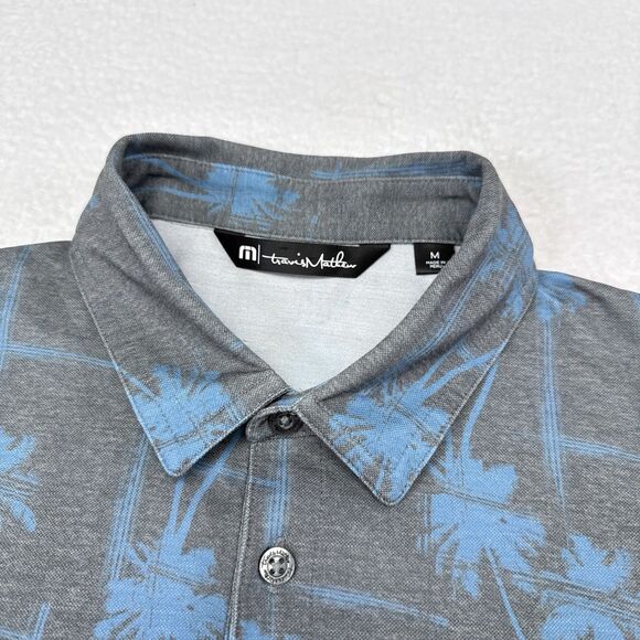 Travis Mathew Polo Shirt Men’s Size Medium Gray Blue Palm Tree Print Resort Golf - Picture 5 of 10